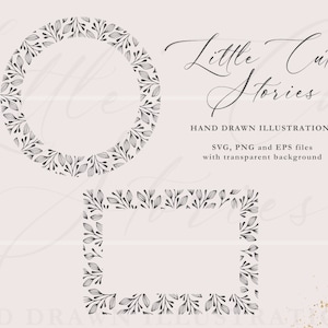 Puede incluir: Dos marcos florales en blanco y negro, uno redondo y otro cuadrado, con el texto "Little Cute Stories" y "HAND DRAWN ILLUSTRATIONS" debajo.  Archivos SVG, PNG y EPS con fondo transparente.