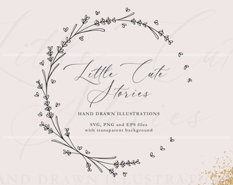 Lavender Hearts Wreath SVG, Botanical PNG, Hand Drawn Garland, Vector Designs, Floral Circle PNG, Instant Download, LittleCuteStories