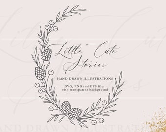 May include: A black and white hand-drawn illustration of a wreath with pine cones and berries. The wreath is decorated with the text "Little Cute Stories" and "HAND DRAWN ILLUSTRATIONS".