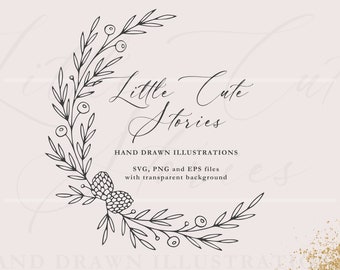May include: Black and white line art illustration of a wreath with berries and pine cones. The text "Little Cute Stories" is written in cursive script above the wreath. The text "HAND DRAWN ILLUSTRATIONS" is written below the wreath. The text "SVG, PNG and EPS files with transparent background" is written below the text "HAND DRAWN ILLUSTRATIONS".
