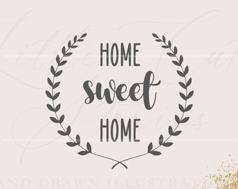 Puede incluir: Un gráfico en blanco y negro con una corona de hojas que rodea el texto "Home sweet home".