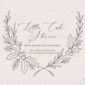 Christmas Crossed Branches | Holly Berry Wreath | Botanical Hand Drawn Illustrations | ClipArt Vector Set SVG PNG EPS | Immediate Download