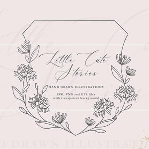 Könnte beinhalten: Schwarz-weiß-Linienkunst-Illustration eines Blumenkranzes mit dem Text "Little Cute Stories" in einem geometrischen Rahmen. Handgezeichnete Illustrationen, SVG-, PNG- und EPS-Dateien mit transparentem Hintergrund.