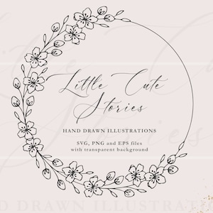 桜の花輪 SVG、植物 PNG、手描きの花輪、ベクター デザイン、花の円 PNG、即時ダウンロード、LittleCuteStories