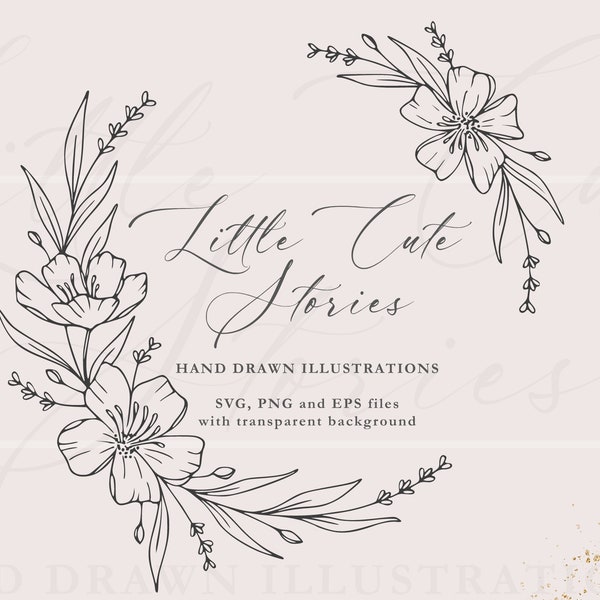 Hand Drawn Floral Wreath SVG, Botanical PNG, Hand Drawn Garland, Vector Designs, Floral Circle PNG, Instant Download, LittleCuteStories