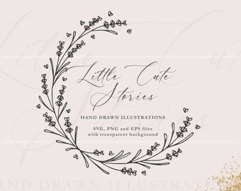Lavendel Herzen Kranz SVG, botanische PNG, Handgezeichnete Girlande, Vektor Designs, Blumen Kreis PNG, Sofort Download, LittleCuteStories