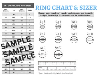 May include: A ring size chart and sizer with a ruler in inches and centimetres. The chart shows ring sizes in US & Canada, EU, and Japan. It also includes the corresponding inner diameter in inches and millimetres for each size.