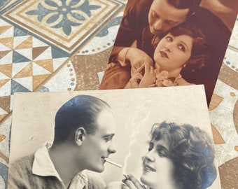 Las misteriosas parejas románticas, 2 hermosas fotos en blanco y negro con efecto sepia, fotografía vintage, efímeras, scrapbooking, diario basura