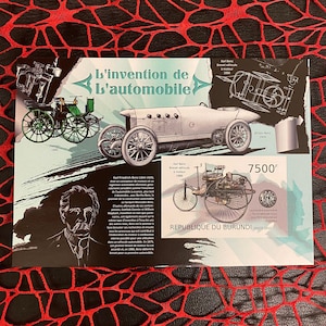 Invation of Automobile Souvenir Sheet From Burundi, 2012,Karl Friedrich Benz,First Mercedes Car, collages, journaling, decorative papercraft