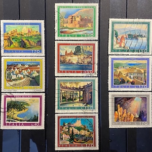 Serie de sellos postales italianos sobre turismo, lugares turísticos famosos, 10 valores, década de 1970, scrapbooking, junk journaling, colección
