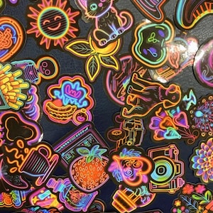 NEON Stickers Set of 20, graffiti,illustration,Self-Adhesive, mix, waterproof, die cut, papercraft, diary, book embellishment, scrapbooking