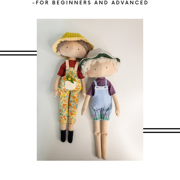 Patron de vêtements de poupée PDF - salopette, t-shirt et chapeau, pour débutants, poupée ancienne, tutoriel