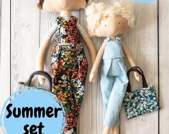 Conjunto de verão com bolsa de praia, molde de costura em PDF para bonecas.