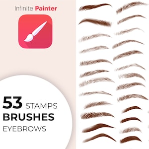 May include: 53 eyebrow stamps and brushes for digital art. The image shows a collection of different eyebrow shapes and styles.