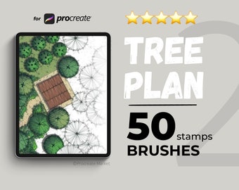 May include: A digital illustration of a tree plan for Procreate, featuring 50 stamps and brushes. The image shows a top-down view of a landscape design with trees, a patio, and walkways.