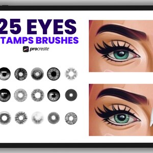 May include: 25 eye stamps and brushes for Procreate. The image shows a set of 25 eye stamps and brushes for the Procreate app. The stamps are in black and white and show different eye shapes and styles. The image also shows two examples of how the stamps can be used to create realistic eyes.