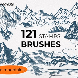 121 Procreate pennello timbro di montagna, francobolli silhouette di montagna, roccia, viaggi all'aria aperta, set di pennelli Procreate, carta da parati, tatuaggio, icona di montagna