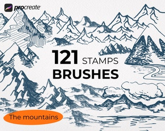 121 Procreate Mountain Stamp Brush, Mountain Silhouette Stamps, Rock,Outdoor Travel, Procreate Brushset, Wallpaper, Tattoo, Mountain icon