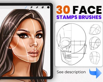 May include: A digital illustration of a woman's face with a grid overlay. The image is on a tablet screen with a digital pen and other tools visible. The text "30 FACE STAMPS BRUSHES" is displayed above the image. Below the image, the text "See description" is displayed.