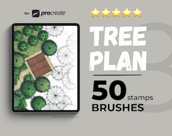 May include: A digital illustration of a tree plan for Procreate, featuring 50 stamps and brushes. The image shows a top-down view of a landscape design with trees, a patio, and a path.