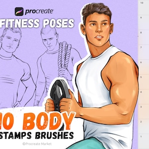 Puede incluir: Una ilustración digital de 10 poses de cuerpo para fitness, con un título que dice "Fitness Poses 10 Body Stamps Brushes" y un aviso de copyright que dice "Procreate Market".