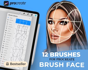 May include: A digital illustration of a woman's face with a grid overlay. The image is a preview for a set of 12 Procreate brushes for drawing faces. The text "Brush Face" and "Bestseller" are also visible.