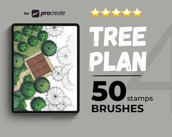 May include: A digital illustration of a tree plan for Procreate, featuring 50 stamps and brushes. The image shows a top-down view of a landscape design with trees, a patio, and walkways.