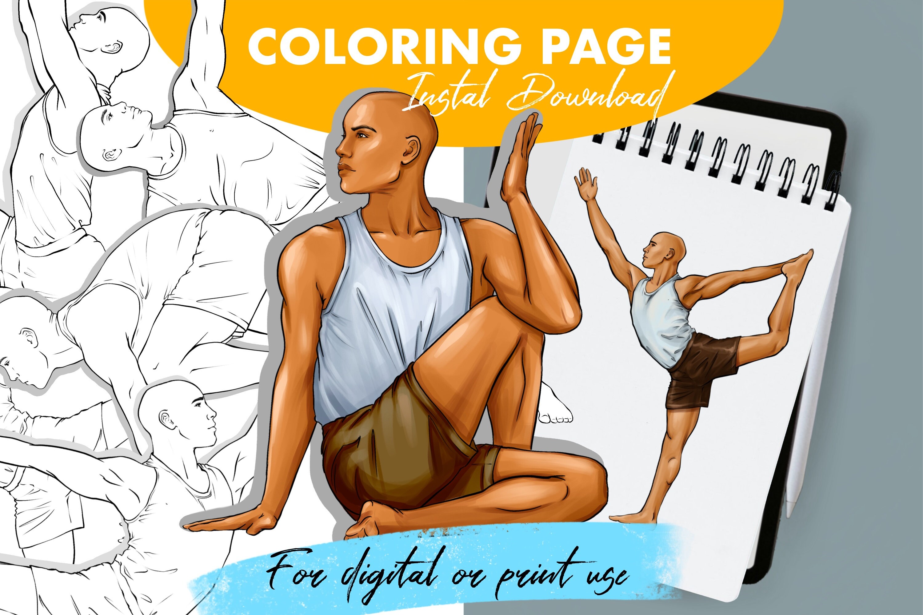 Yoga Coloring page , Figure male, Yoga poses, meditation coloring book,  male poses, PDF file