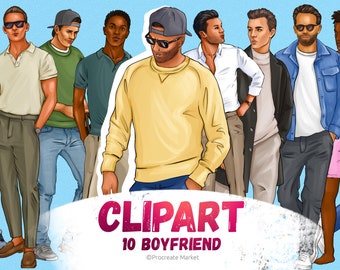 Può includere: Clipart digitale di 10 uomini diversi in vari abiti casual. Gli uomini sono in piedi in fila, alcuni indossano occhiali da sole, cappelli e giacche. Il clipart è etichettato "Clipart 10 Boyfriend" e "Procreate Market".