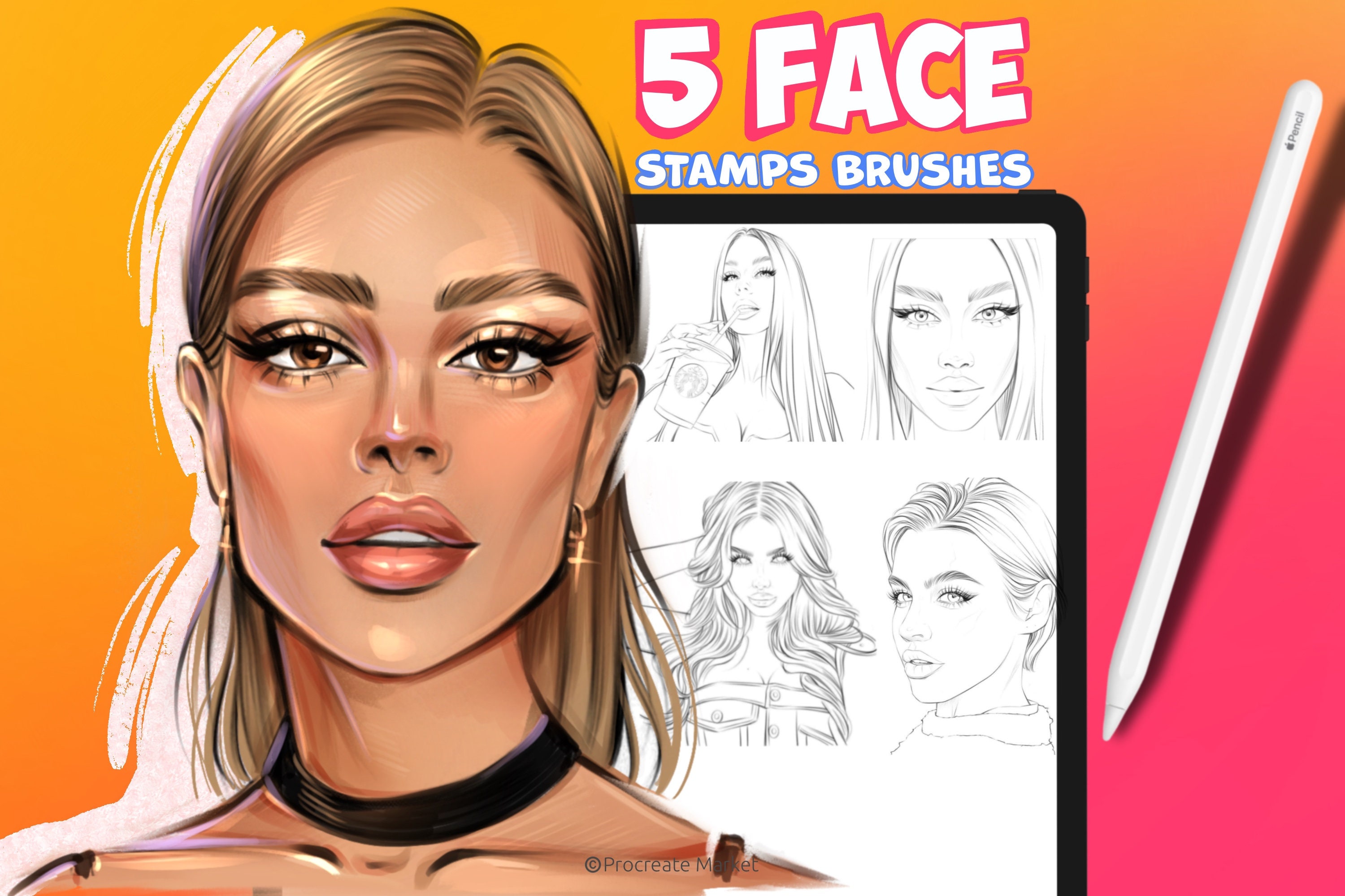 Set de pinceles Procreate para Rostro y Retrato – Sellos de ojos, labios y nariz, pinceles de maquillaje y piel para principiantes