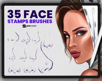 May include: A digital illustration of a woman's face with a white headscarf with black polka dots. The image also shows 35 different line drawings of noses, labeled "35 Face Stamps Brushes" and "Procreate".