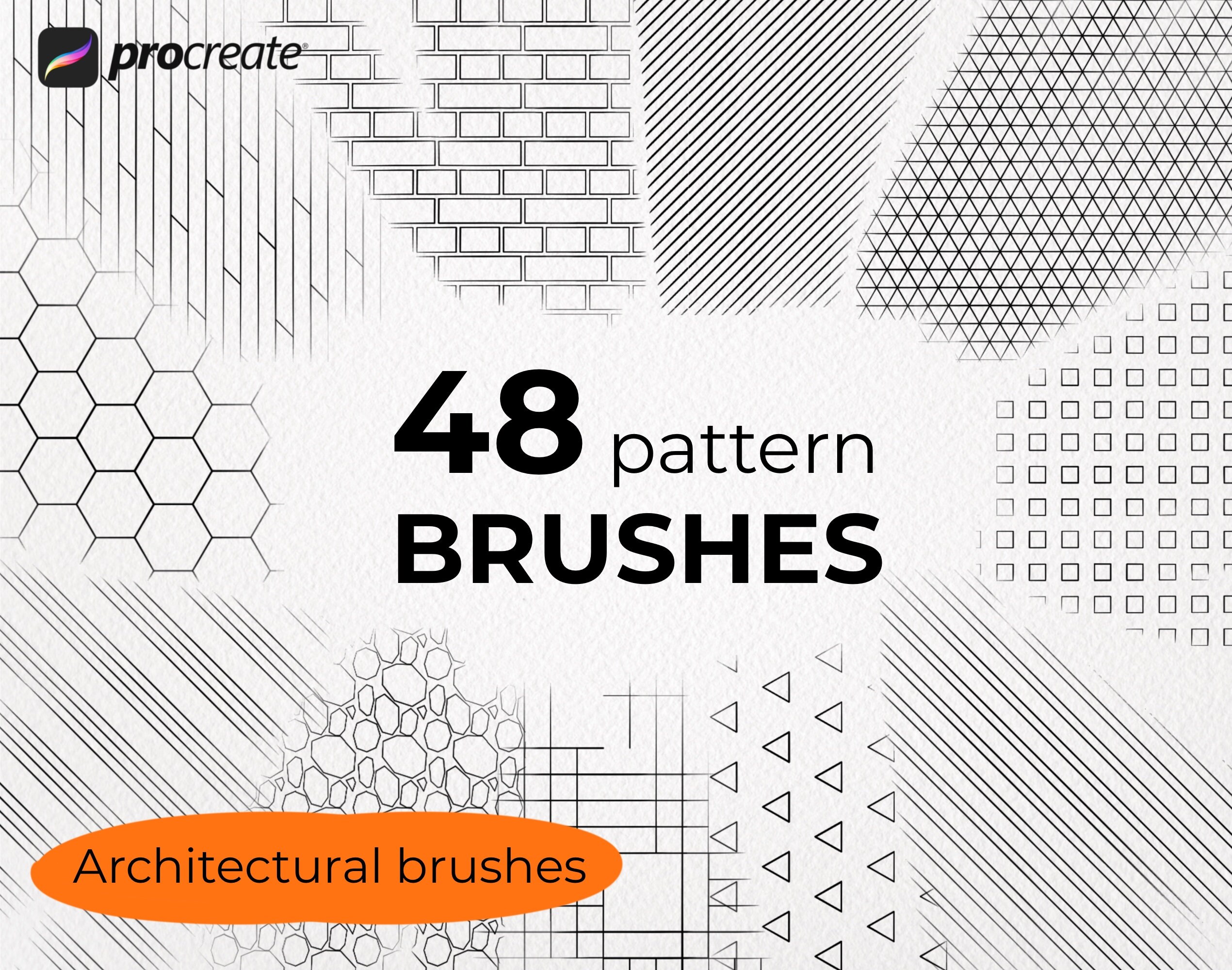 Pinceles de arquitectura para Procreate: bocetos de interiores, planos, ladrillos y patrones