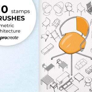 Peut inclure: 110 tampons et pinceaux d'architecture isométriques pour Procreate. L'image montre une variété de meubles, y compris des chaises, des tables et des canapés, tous dessinés dans un style simple et propre.