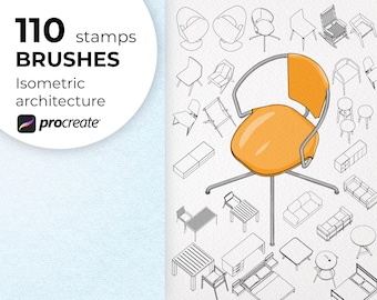 May include: 110 isometric architecture stamps and brushes for Procreate. The image shows a variety of furniture, including chairs, tables, and couches, all drawn in a simple, clean style.