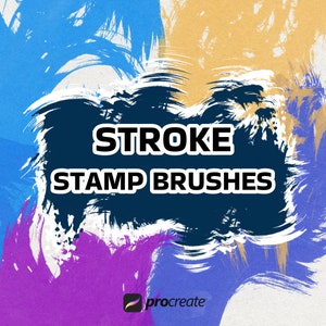May include: A digital illustration of colorful brush strokes with the text "STROKE STAMP BRUSHES" and the Procreate logo.