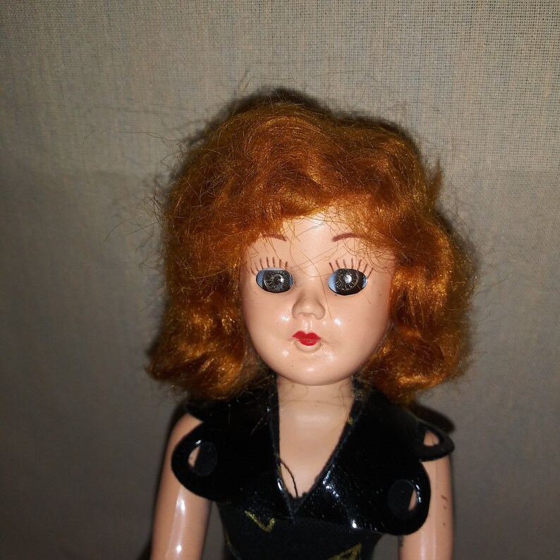 Vintage Hard Plastic Doll Red Hair, Sleepy Blue Grey Eyes Not Original