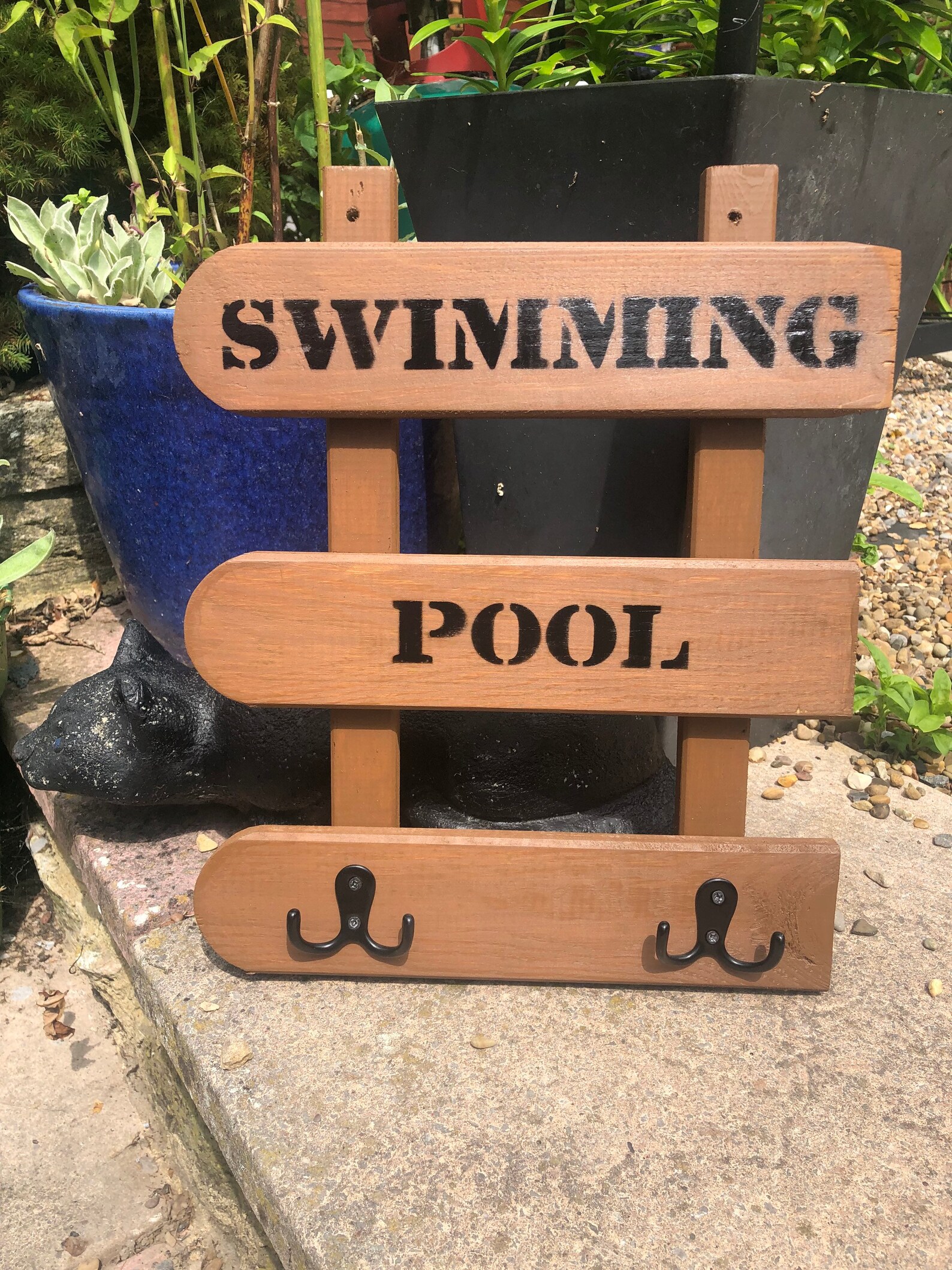 New Wooden Swimming Pool Sign With Hooks for Towels Robe or Clothes