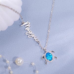 Personalized Sterling Silver Turtle Necklace: Custom Name & Birthstone