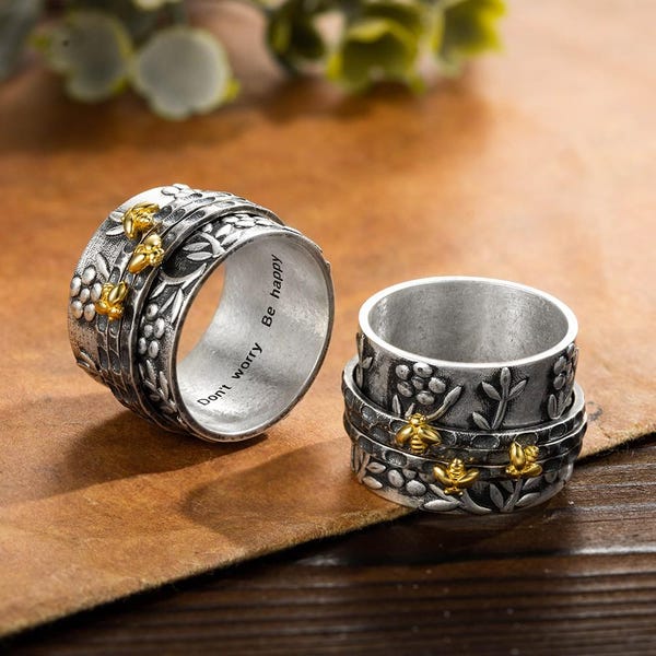 Personalized Sterling Silver Bee Fidget Ring: Floral Wide Band