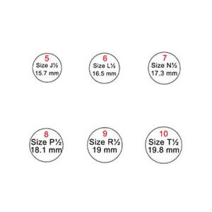 May include: White background with six circular ring size guides. Each circle displays a ring size number, a letter size, and the diameter in millimeters. Sizes range from 5 (15.7 mm) to 10 (19.8 mm).
