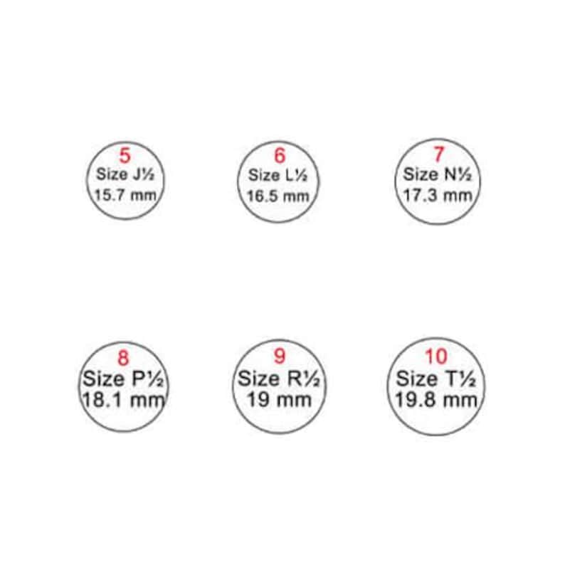 May include: White background with six circular ring size guides. Each circle displays a ring size number, a letter size, and the diameter in millimeters. Sizes range from 5 (15.7 mm) to 10 (19.8 mm).