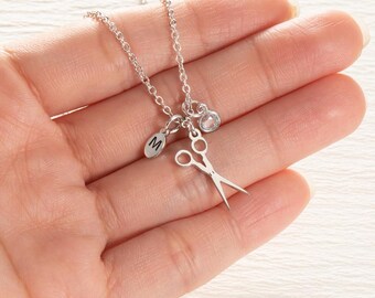 Personalized Sterling Silver Scissors Necklace: Hairdresser Gift, Birthstone Charm
