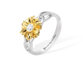 Personalized Sunflower Ring: Sterling Silver, Custom Birthstone Jewelry