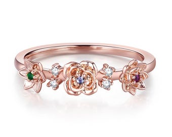 Custom Birth Flower Ring: Sterling Silver Family Birthstone Bouquet