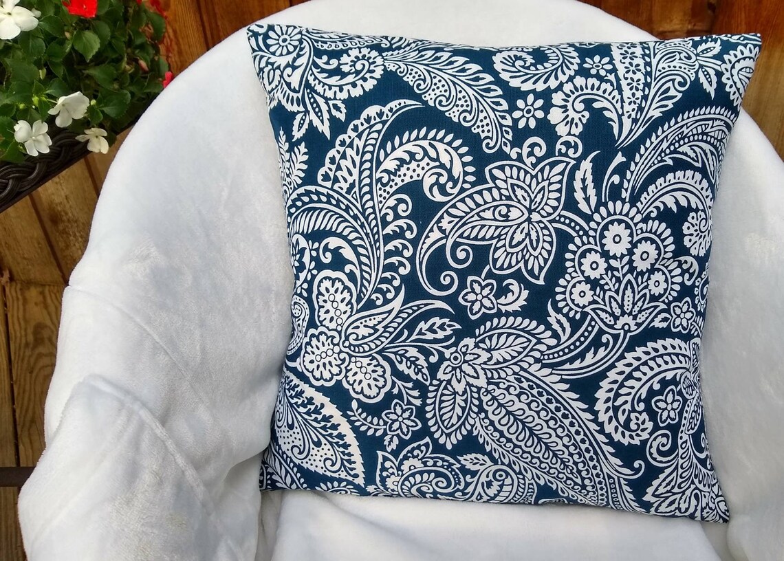 Waverly Pillow Covers in Navy Blue and White Paisley Print Etsy