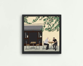 Cafe Landscape Drawing, Cozy Printable Wall Art.