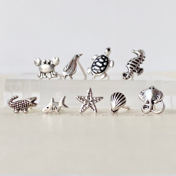 Sterling Silver Earrings, SEA ANIMAL Crocodile Shark Star Fish Seastar Shell Stingray Ray Crab Penguin Turtle Seahorse Quirky Cute Ocean