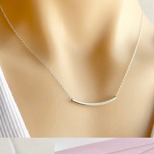 Sterling Silver Necklace, Curved Bar Tube Charm Pendant Minimalist Dainty Boho Simple Everyday Layering Elegant Delicate Women Cute DIY Gift