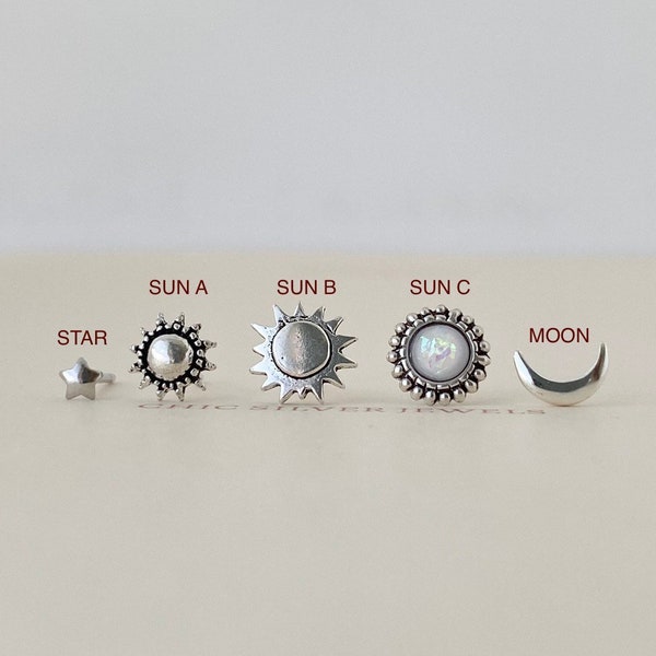 Sterling Silver Stud Earrings Star Sun Moon Crescent Sky Celestial Dainty Boho Small Minimalist Opal Asymmetry Mismatch Mix & Match Presents