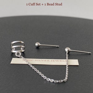 Sterling Silver Bead Stud with Dangling Chain No Piecing Ear Cuff Non Pierced Faux Fake Cartilage Helix Conch Piercing Gifts Presents Unisex